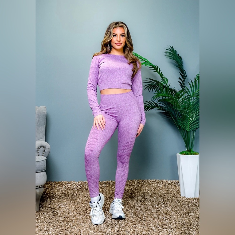 2 PC Set - Seamless Long Sleeve Top and High Waist Yoga Leggings - Picture 1 of 4